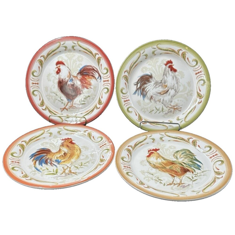 Pier 1 Imports Ironstone Rooster Dessert Salad Plates Set of 4 Colors Patterns